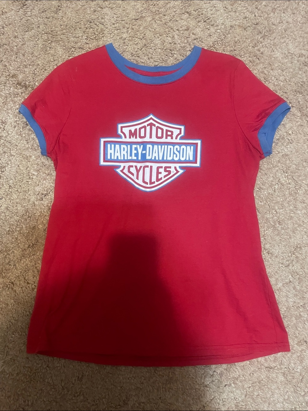 Harley-Davidson Red Tee with Blue Trim and Logo